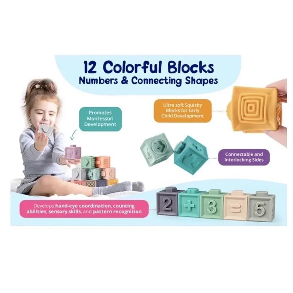 Silicone Rubber Soft Blocks Montessori Baby Toys Stacking Colorful Set Of 12